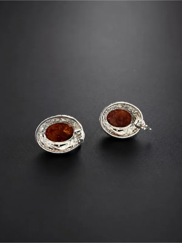 Estate Amber Sterling Silver Earrings Baltic Cognac Color Signed - Image 4