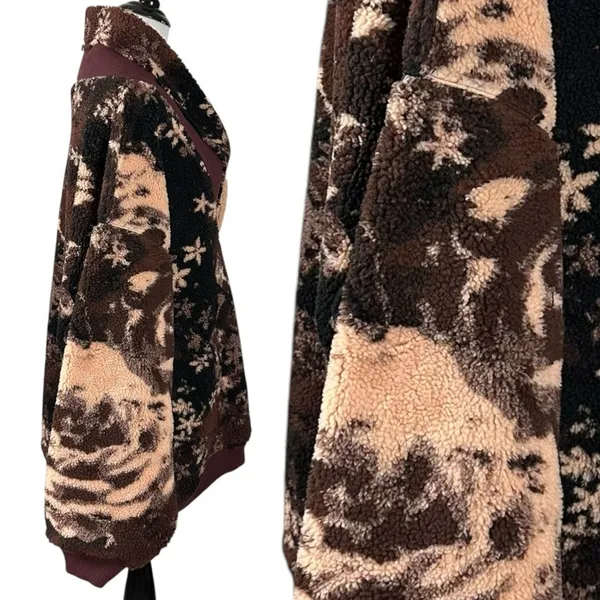 Free People Bohemian XL Rosie Oversized Floral Sherpa Jacket Pullover Brown Fall - Image 8