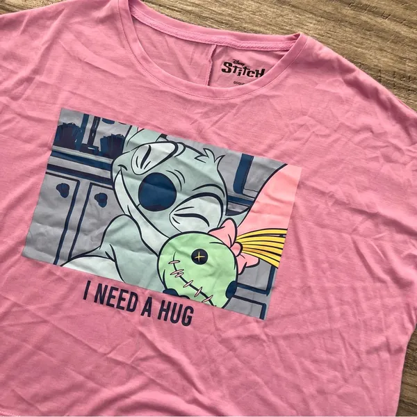 Disney Stitch Angel Hugging '' I NEED A HUG''Crop T-Shirt PURPLE/PINK MEDIUM #18 - Image 5