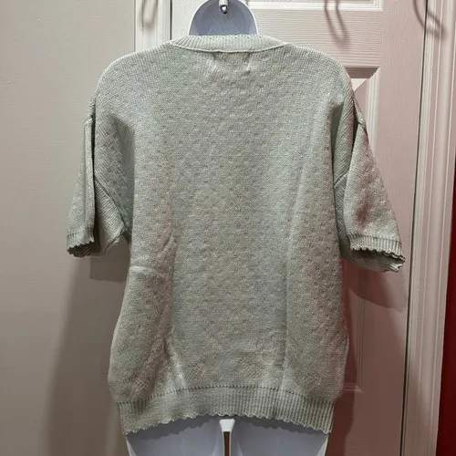 Isle of Cotton Knit Sweater Womens XL Mint Green Floral Embroidered Short Sleeve - Image 2