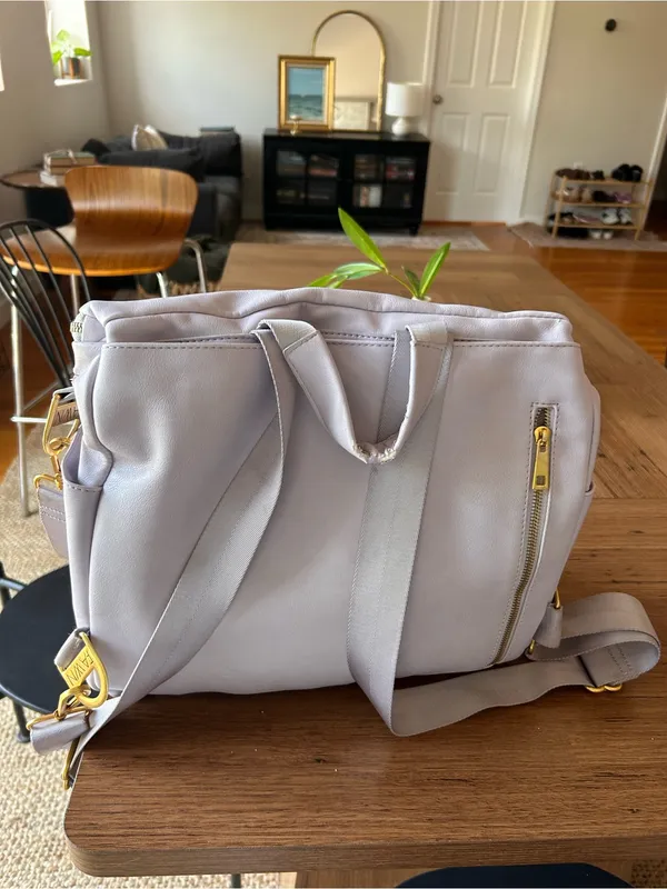 Fawn Design Lavender Leather Convertible Backpack Gold Hardware RARE flawed - Image 9