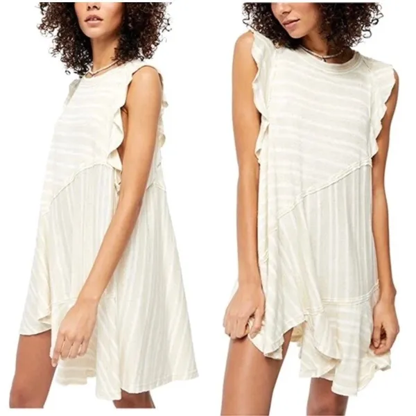 Free People Mini Dress Women Small Beige Stripe‎ Ruffle Sun Valley Boho Tunic - Image 2