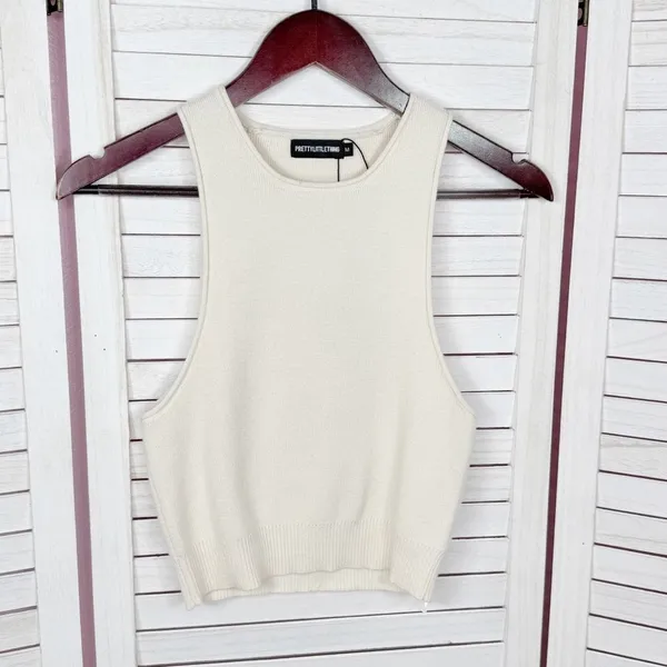 Pretty‎ Little Thing Ribbed Knit Racer Back Crop Tank Top Cream Medium - Image 7