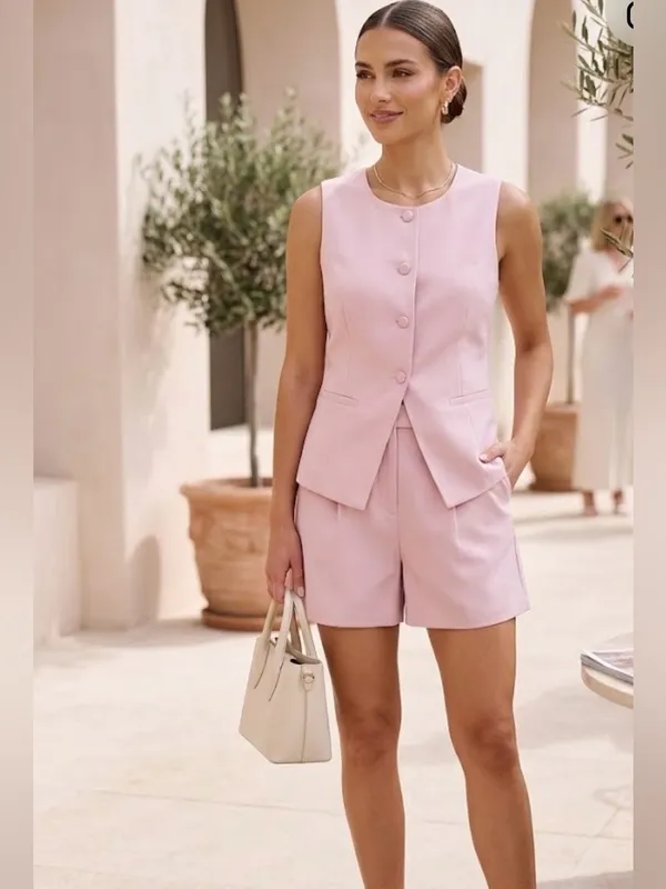 Tailored Pink High-Waist Bermuda Shorts & Vest Set - Image 7