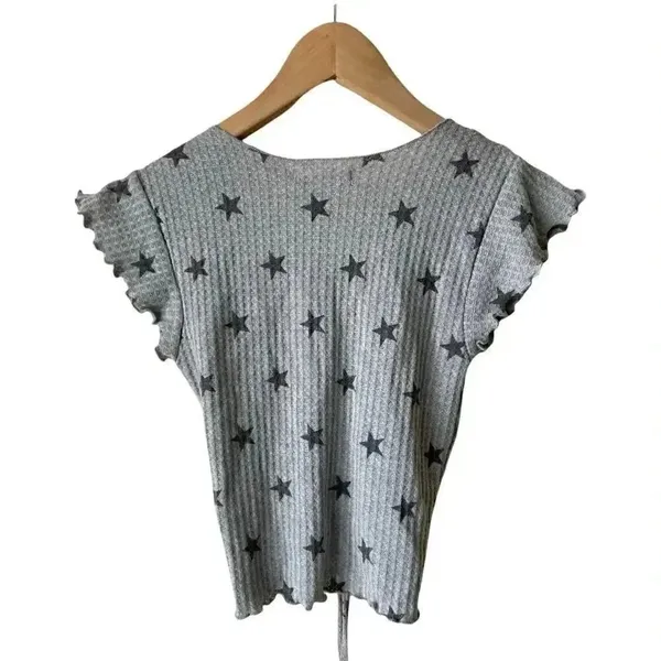 Antistar Grey Star Printed Waffle Knit Cropped Top Boho Hippie Top Blouse - Image 4