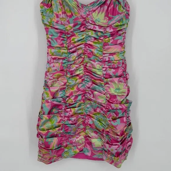 For Love and Lemons‎ Julien Cami Mini Dress XS Pink Floral Ruched Bodycon Cutout - Image 6