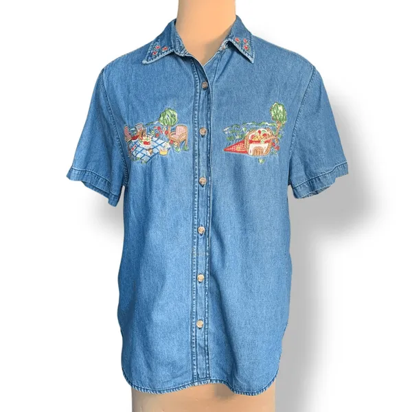 Vintage Chambray DenimPicnic Embroidered Denim Button Front Shirt Medium America - Image 2