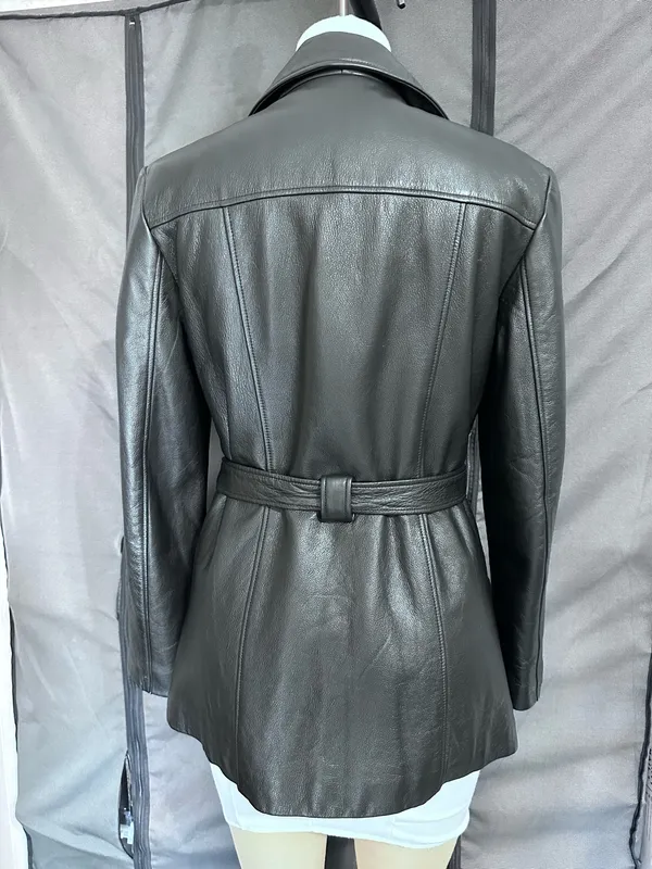 Winlit Vintage Leather Women's Jackets Size M Soft Black Warm Trench Coat Belt - Image 2