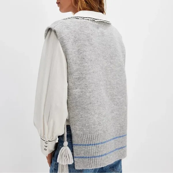 Free People‎ All Star Stripe Poncho Vest Gray Blue V-Neck Side Tie Tassels OS - Image 2
