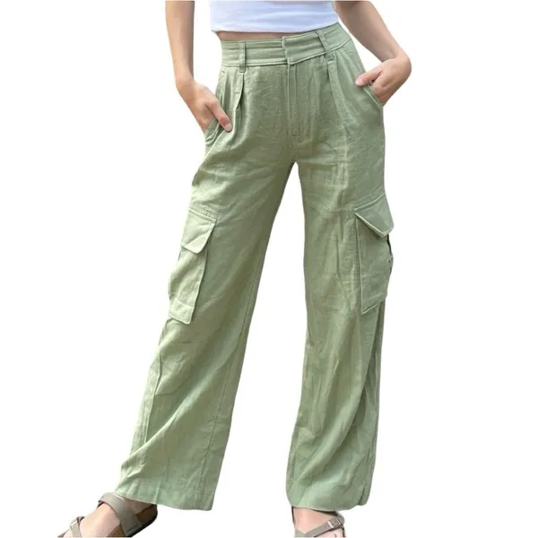 ✨Abercrombie & Fitch Linen-Blend Tailored Ultra Wide-Leg Cargo Sz S Green Pants✨ - Image 7