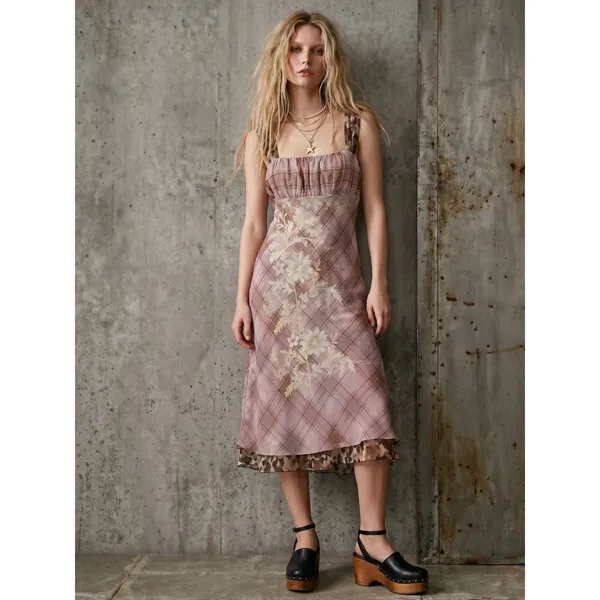 Free People Femme Grunge 90s Y2K Morning Dew Plaid Floral Midi Slip Dress XL - Image 7