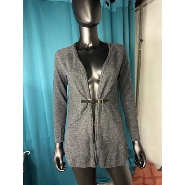 Ellen‎ Tracy Extra Fine Merino Wool Buckle Front Cardigan Gray Small - Image 2