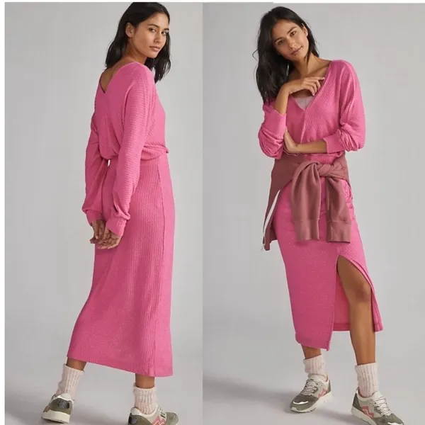 Anthropologie Daily Practice Pink Ribbed Barre Midi V-Neck Dress Size Large‎ NWT - Image 2