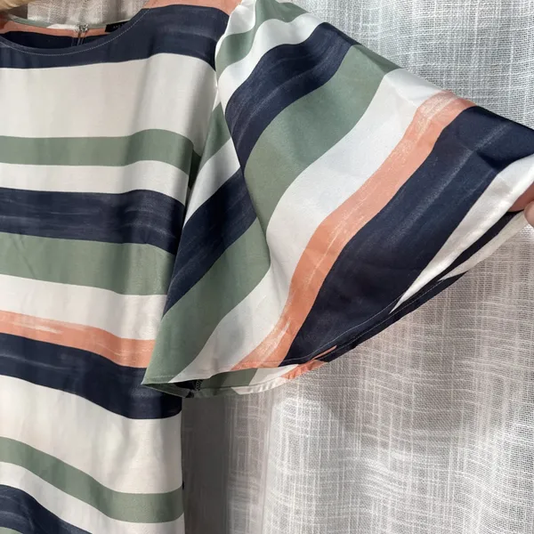 Ann Taylor Factory Striped Flutter Sleeve Tie Waist Blouse Navy Green Peach M - Image 3