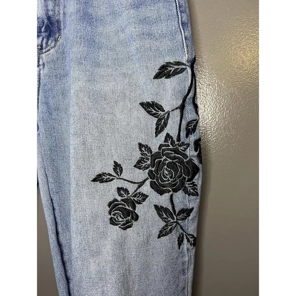 PacSun Mom Jeans Womens 29 Light Wash Hi Rise Embroidered Floral Denim - Image 5