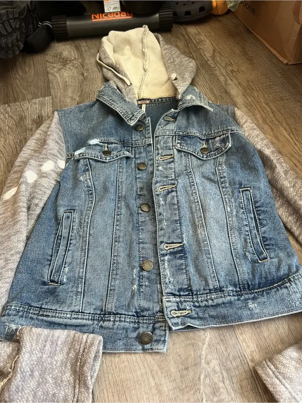 Free People | Distressed Knit Sleeve Denim Jacket S Grunge Hooded‎ Streetwear - Image 8