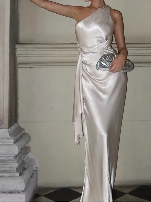 Meshki Calliope One Shoulder Satin Gown Maxi Dress LARGE in Champagne - Image 4