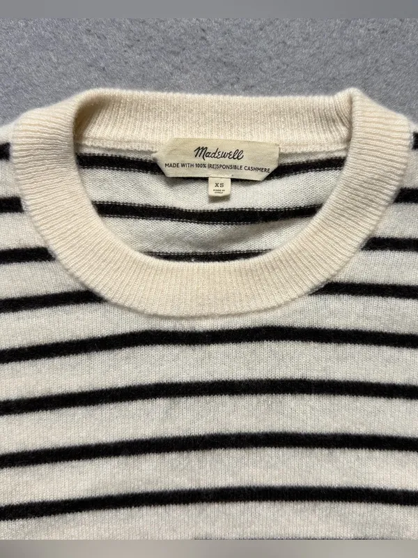 Madewell Womens XS 100% Cashmere Striped Crewneck Sweater Ivory Black - Image 3
