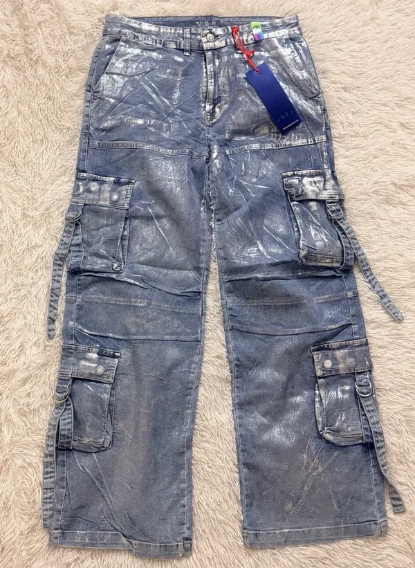 Vibrant M.I.U. Metallic Wide leg Cargo Denim Pants - NWT - Womens Size L 32”W - Image 5