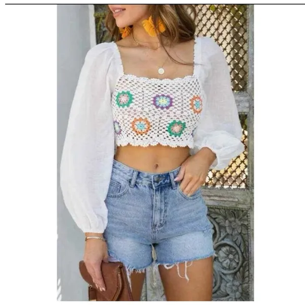 Aerie Crochet Granny Square Top Small White Long Sleeve Flowy Vacay Shirt Boho - Image 3