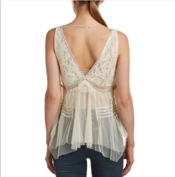 Free People On The Town Romantic Cream Beaded Sequin Sheer Lace Tank - Image 5