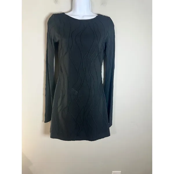 Commense Womens Black Textured Wavy Long Sleeve Bodycon Mini Dress XS - Image 2