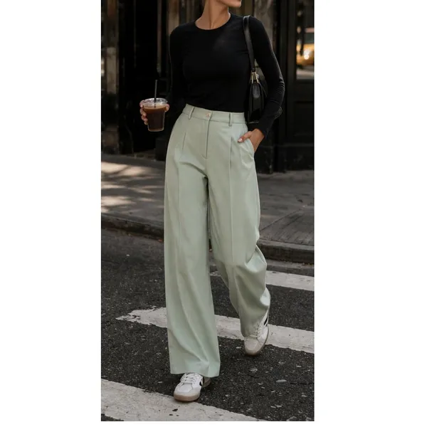 Motel Wide Leg Trousers XS Sage Green High Rise Pleated Pants - Image 2