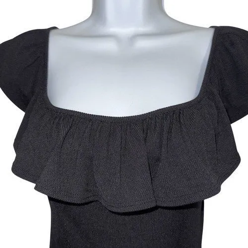 EXPRESS Black Ruffle Neck Ribbed Cap Sleeve Cap‎ Sleeve Bodysuit NWOT Small - Image 3