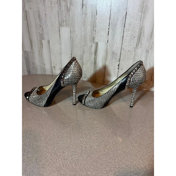 Michael Kors Ella‎ Peep Toe Black White Silver Size 7.5 Studded leather heels - Image 3