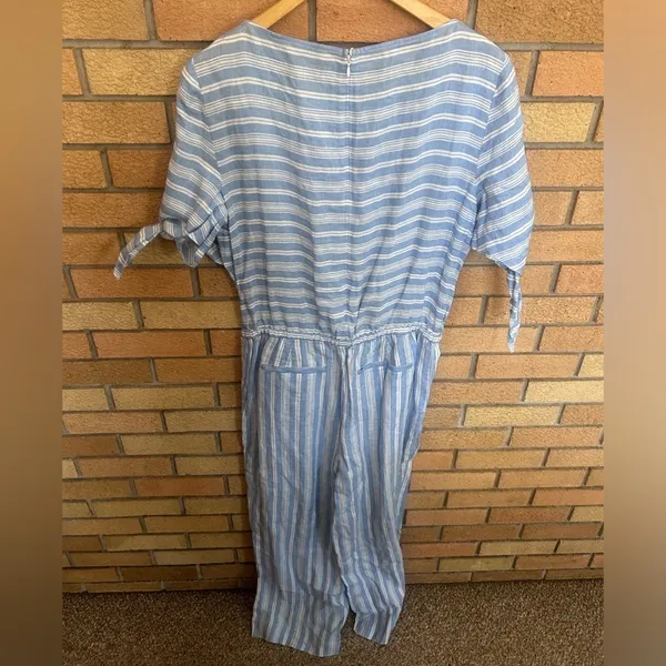 Lauren Ralph Lauren Blue & White Striped 100% Linen Wife Leg Jumpsuit Size 10 - Image 5
