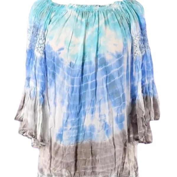 Surf Gypsy Tie-Dye Aquamarine, Blue, White and Gray Boho Whimsy Flowy Blouse - Image 2