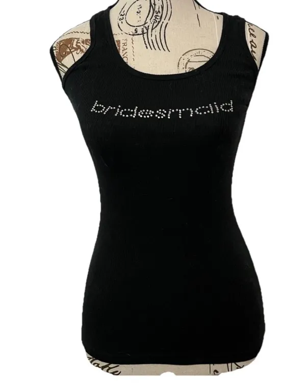 Y2K Black Bridesmaid Rib Tank Top Crystal Rhinestone Bachelorette Party Bridal M - Image 3