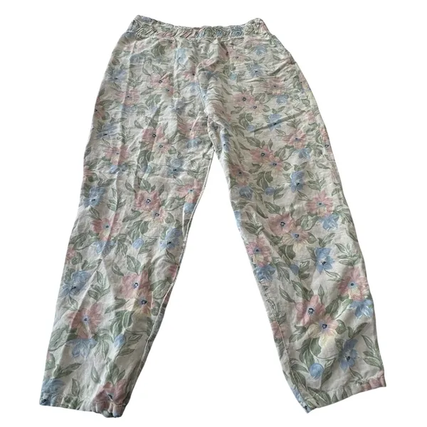 Vintage 90s Pastel Floral Linen Pants TARAZZIA Size Large Cottage Coastal Boho - Image 3