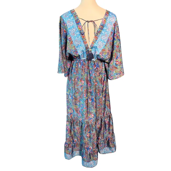 Zury Blue Paisley Silk Blend V-Neck Maxi Dress Ruffle Boho Free Size Kaftan - Image 5
