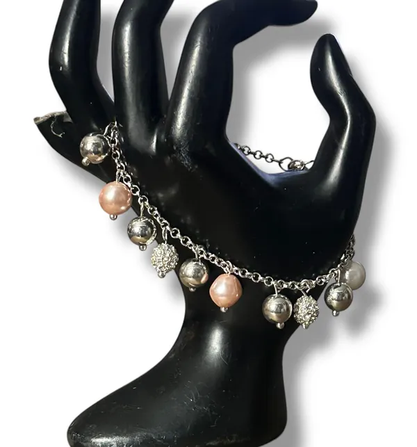 Silver tone bead charm bracelet - Image 2