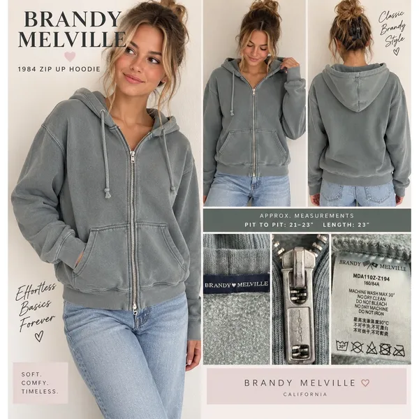 Brandy Melville Christy 1984 Zip Up Hoodie Gray Faded Oversized One Size - Image 4
