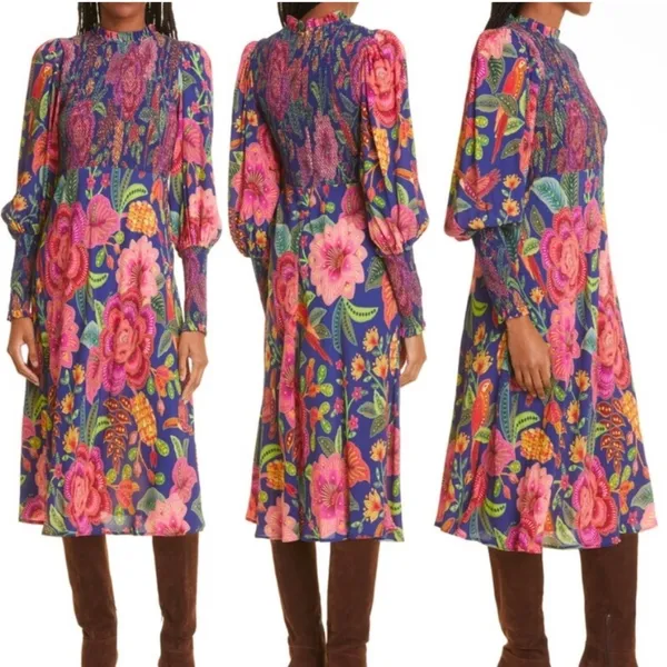 Farm Rio Macaw Bloom Floral Smocked Mock Neck Juliet Dress S - Image 3