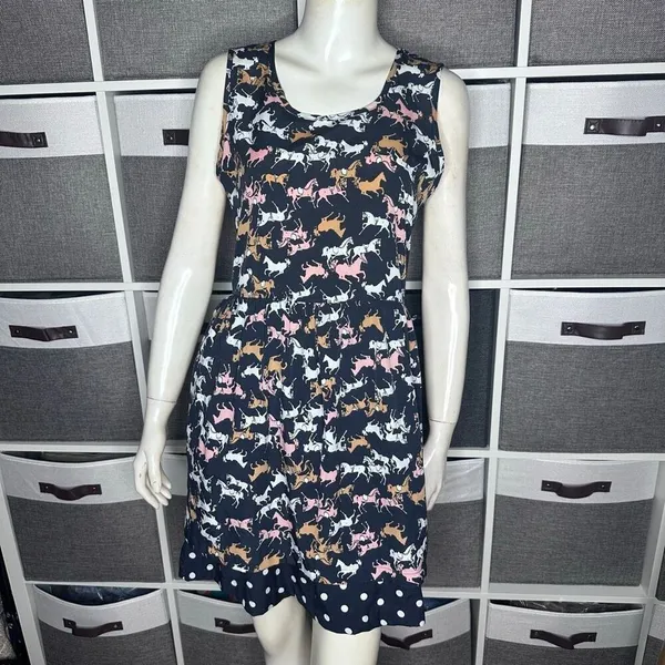 Anthropologie Porridge Petaluma Peep Hem Dress Navy Horse Print & Polka-Dot Hem - Image 3