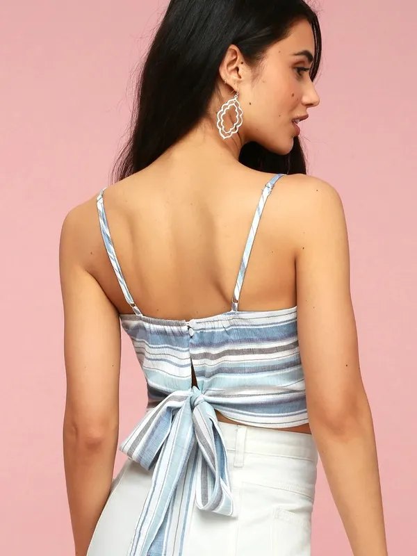 Lulus Wish You Swell Blue And White Striped Tie-back Crop Top - Size Medium - Image 3