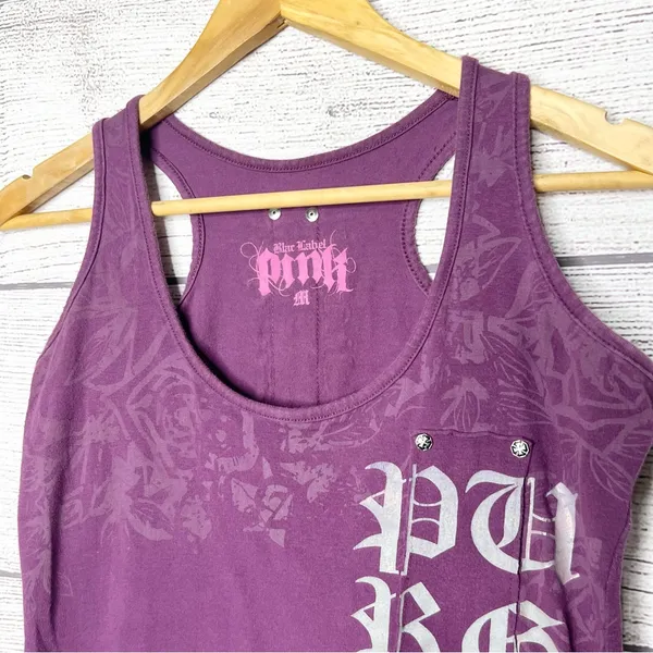 Vintage Y2K Black Label Pink Purple Graphic Racerback Tank Top Size Medium Moto - Image 4