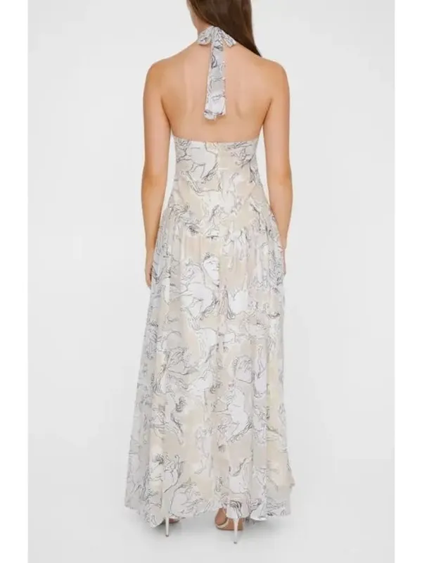 Nasty Gal Maxi Dress Hi Low Hem Halter Ruffle Hi Low Hem Horse Print Ivory 8 - Image 2