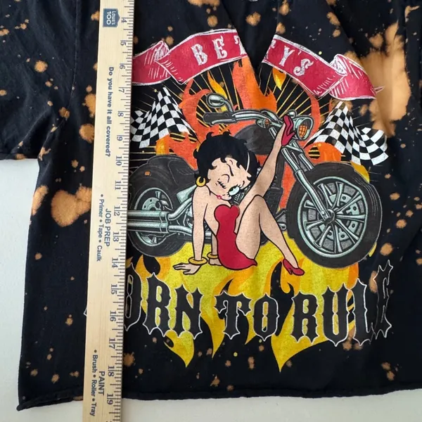 Betty Boop Biker Graphic‎ Crop Top Bleach Splatter Black Medium Grunge Pin-up - Image 7