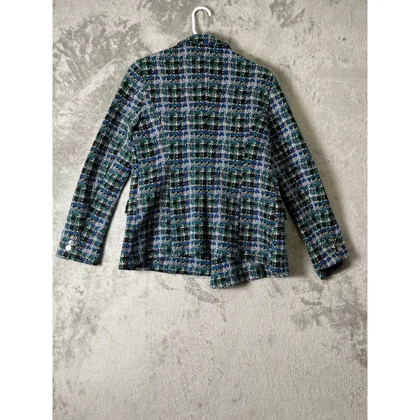 Tristan Blue Green Plaid Tweed Fitted Blazer Jacket Dark Academia Women's M - Image 3