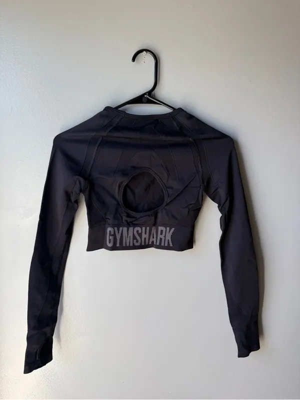 Gymshark Black Long Sleeve Crop Top Open Back Thumbholes XS - Image 2
