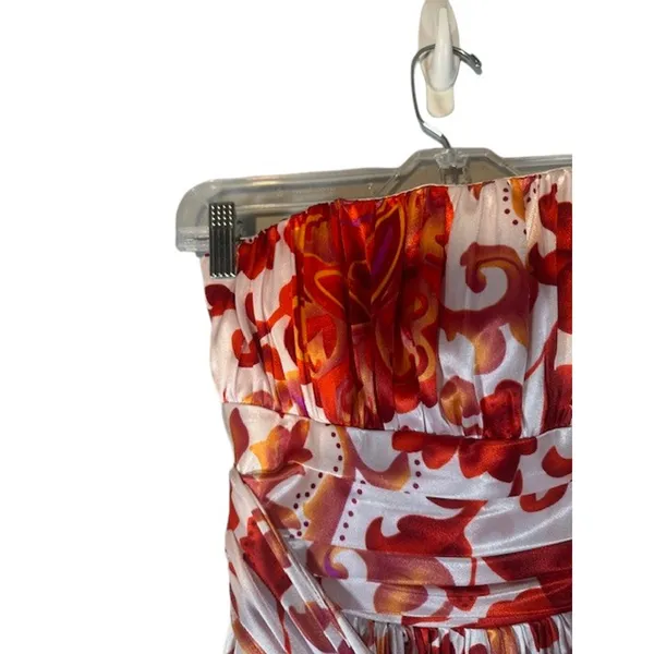 Red & White Strapless Floral Formal Belted Waist Knee Length Dress Women Sz S - Image 7