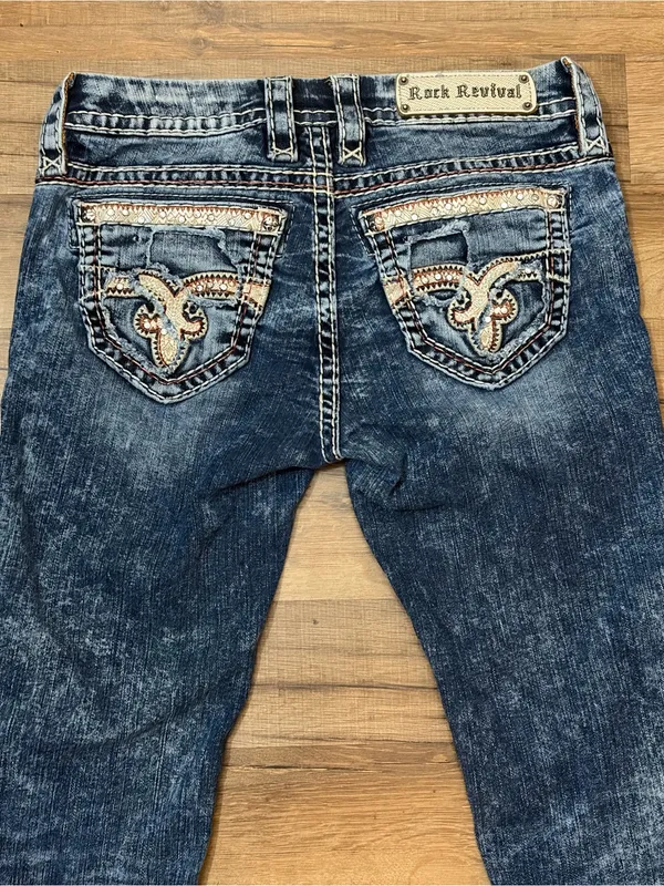 Rock Revival Luisa low rise straight med wash faded Embellished denim jeans 27 - Image 5