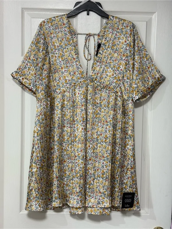 Lulus Express Yourself Yellow Floral Print Satin Babydoll Mini Dress Size XL NWT - Image 6