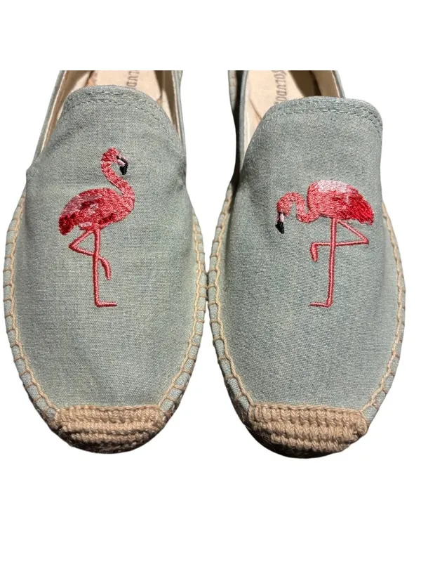 Soludos Flamingo Embroidered Chambray Espadrilles Size 8 - Image 3