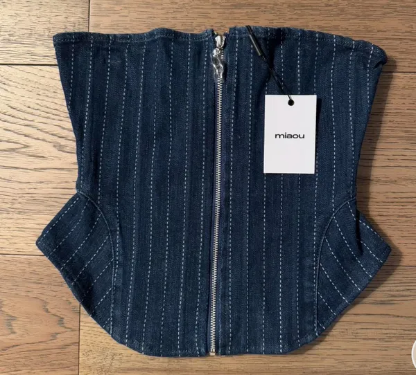 Revolve New with tags - MIAOU Riley Denim Pinstripe Zip Front Strapless Grunge Corset Top Small - Image 3
