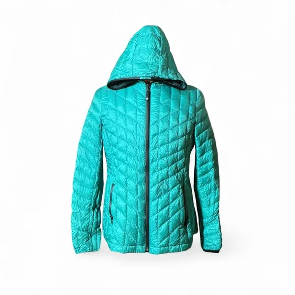 Turquoise Quilted Hooded Puffer Jacket Zip Front Lightweight Casual Outerwear‎ - Image 2